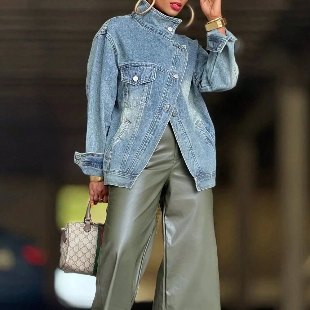 Blue Casual Women's Washed High Neck Asymmetric Button Loose Denim Jacket